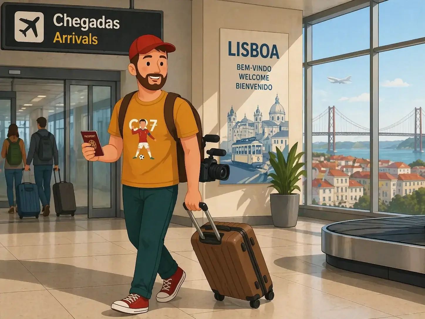 Ben arriving in Lisbon airport with camera gear and luggage to begin a new chapter under the IFICI regime