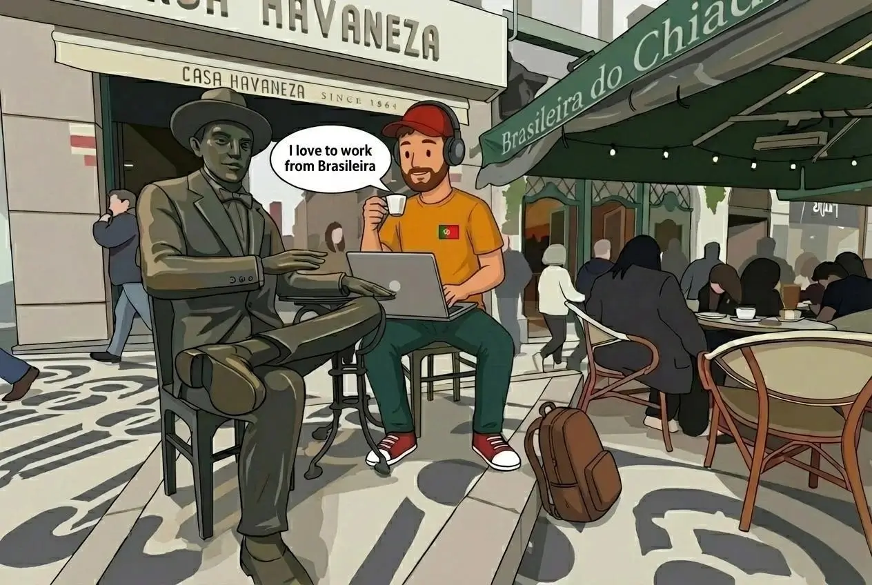 Ben working from a café in Lisbon to illustrate foreign-source treatment of income generated in Portugal