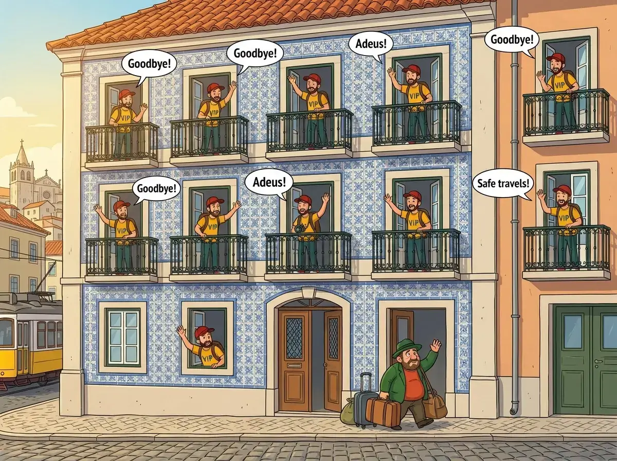 Farewell image showing multiple Bens saying goodbye while Zé walks away with luggage