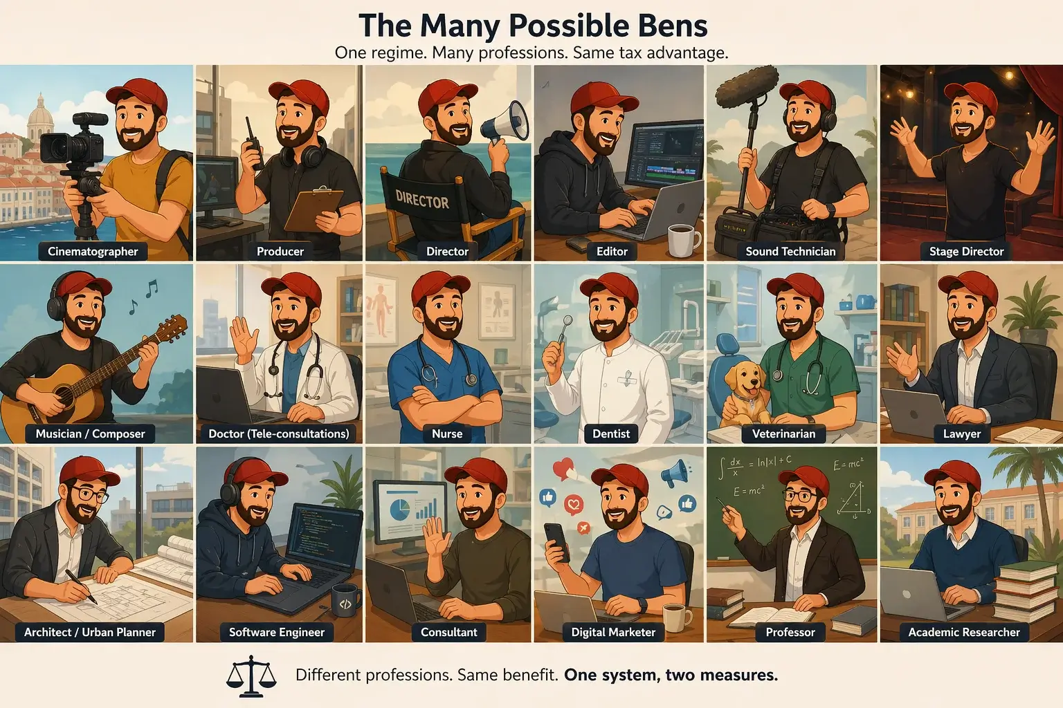 Ben represented across multiple professions including filmmaker, doctor, engineer, lawyer, and musician, illustrating how the IFICI regime applies across sectors