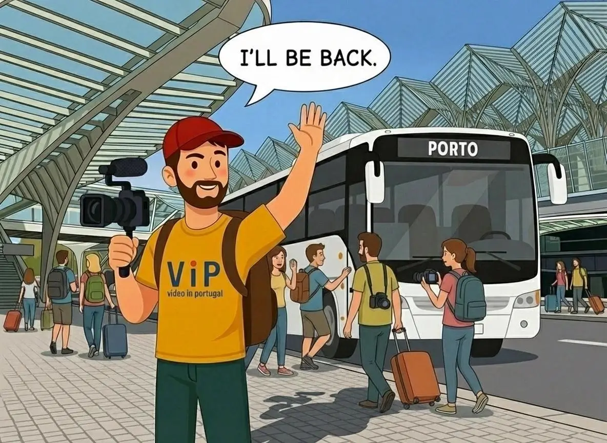 Ben waving near a bus with the words I'll be back