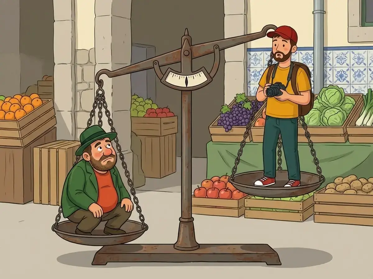 Illustration of Zé and Ben on a market scale